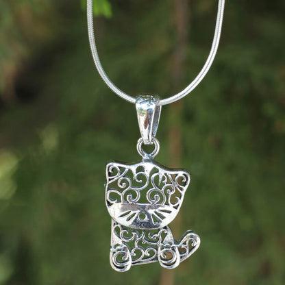 Filigree Kitten Sterling Silver Pendant Necklace