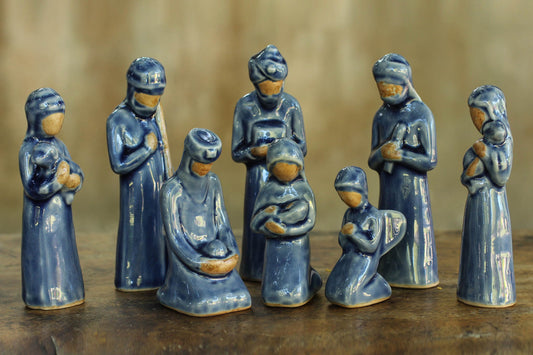 Thai Holy Birth in Blue Unique 8-piece Celadon Ceramic Nativity Scene