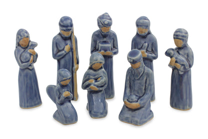 Thai Holy Birth in Blue Unique 8-piece Celadon Ceramic Nativity Scene