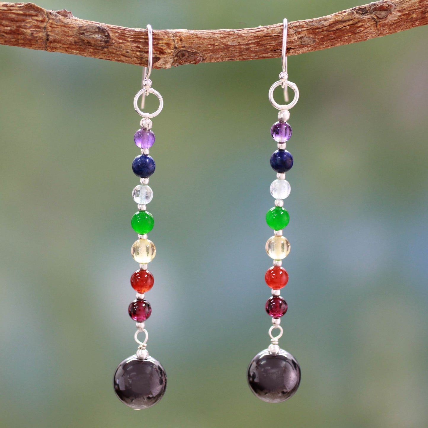 Gracious Hand Crafted Gemstone Chakra Theme Dangle Earrings