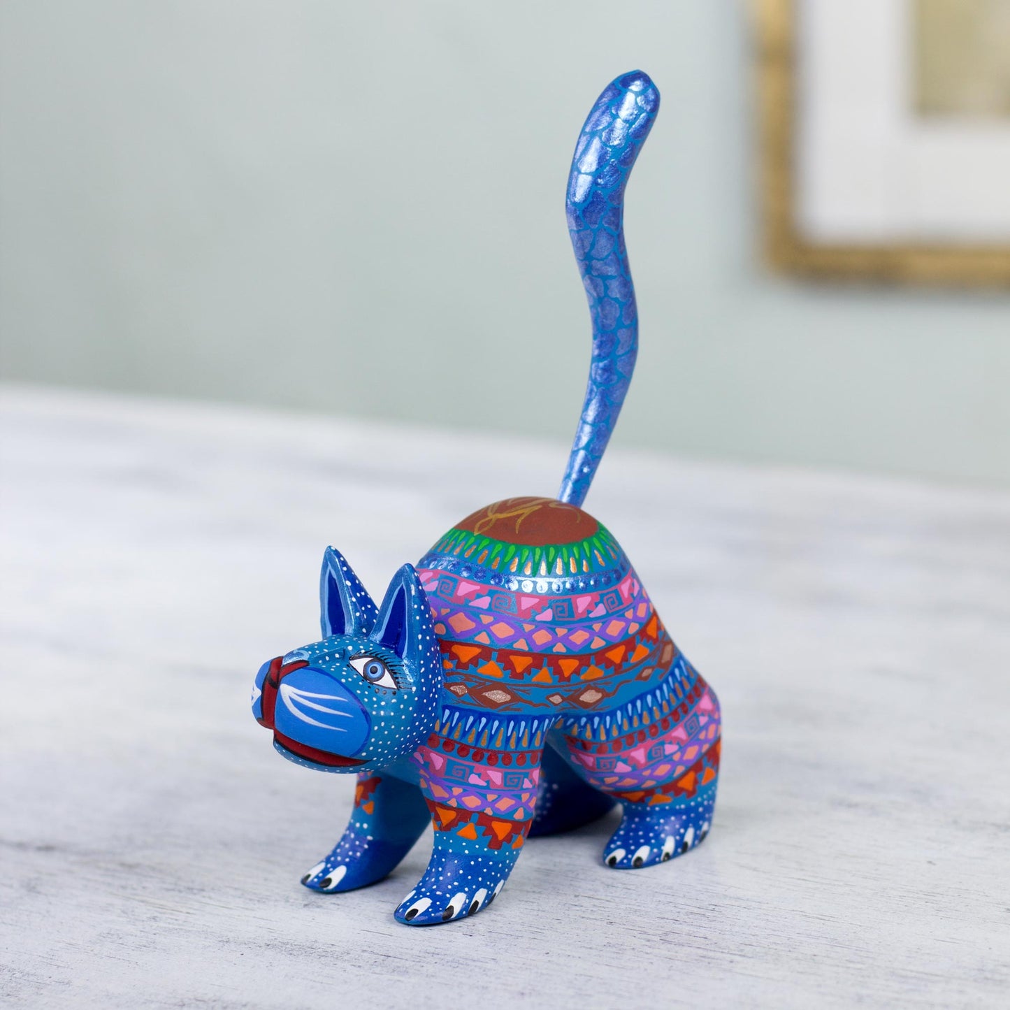 Blue Cat Greeting Mexican Alebrije Cat Sculpture