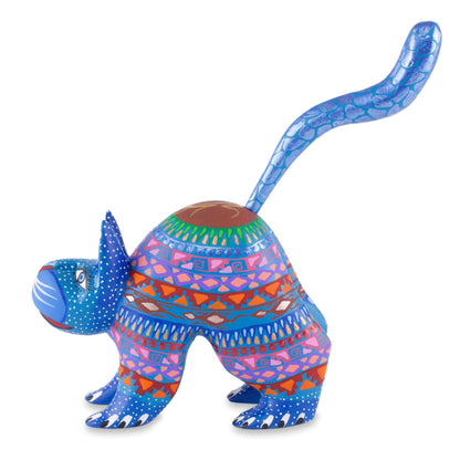 Blue Cat Greeting Mexican Alebrije Cat Sculpture