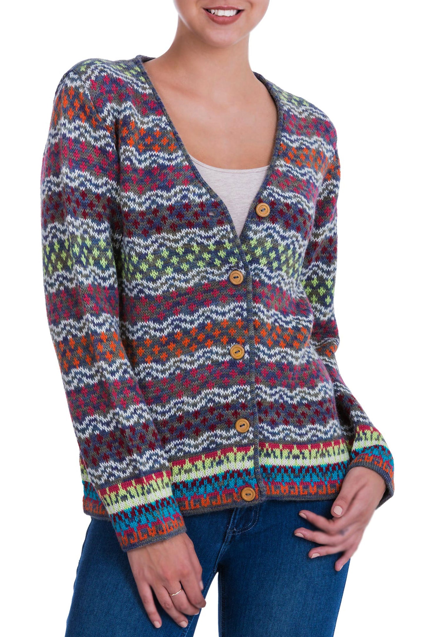 Rainbow Mist V-neck Alpaca Cardigan with Cedar Buttons