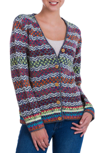 Rainbow Mist V-neck Alpaca Cardigan with Cedar Buttons