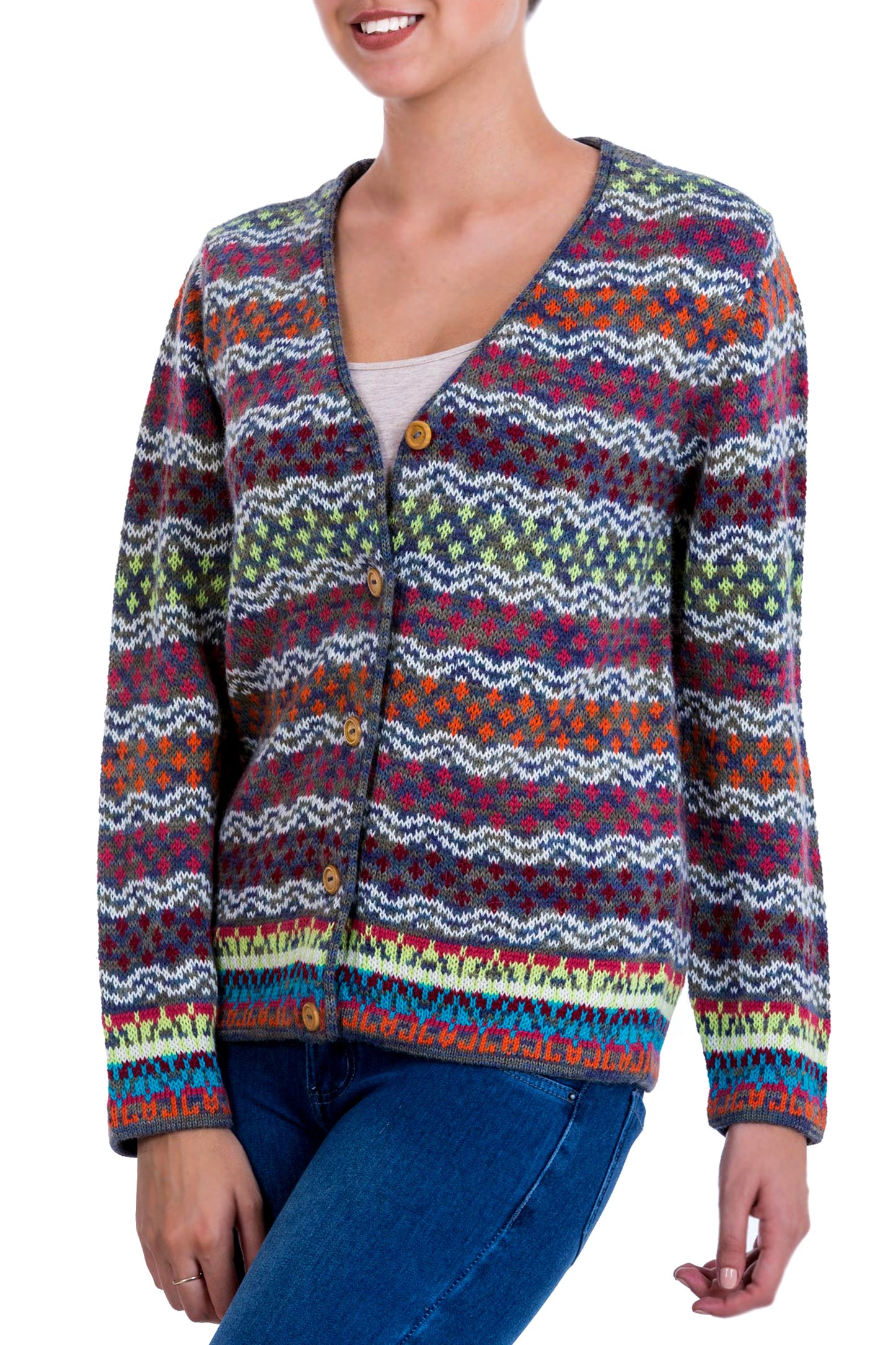 Rainbow Mist V-neck Alpaca Cardigan with Cedar Buttons