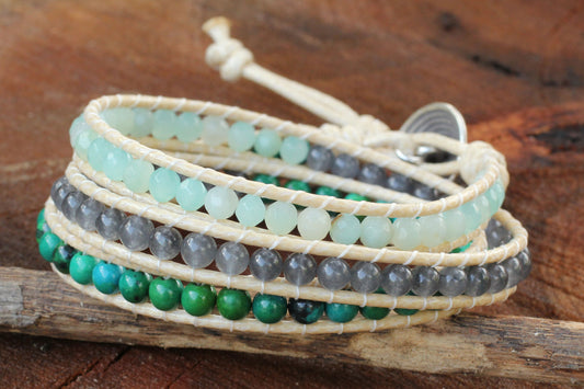 Beautiful Day Thai Hand Knotted Amazonite and Quartz Wrap Bracelet