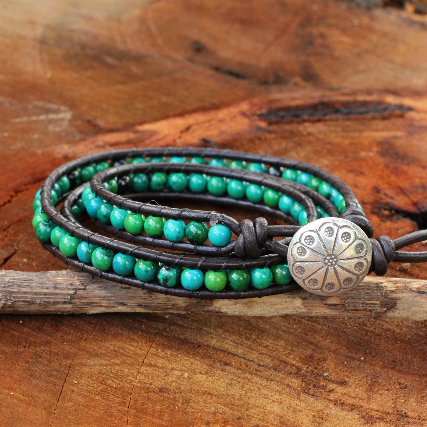 Sea Breeze Thai Hand Knotted Serpentine and Leather Wrap Bracelet