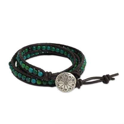 Sea Breeze Thai Hand Knotted Serpentine and Leather Wrap Bracelet