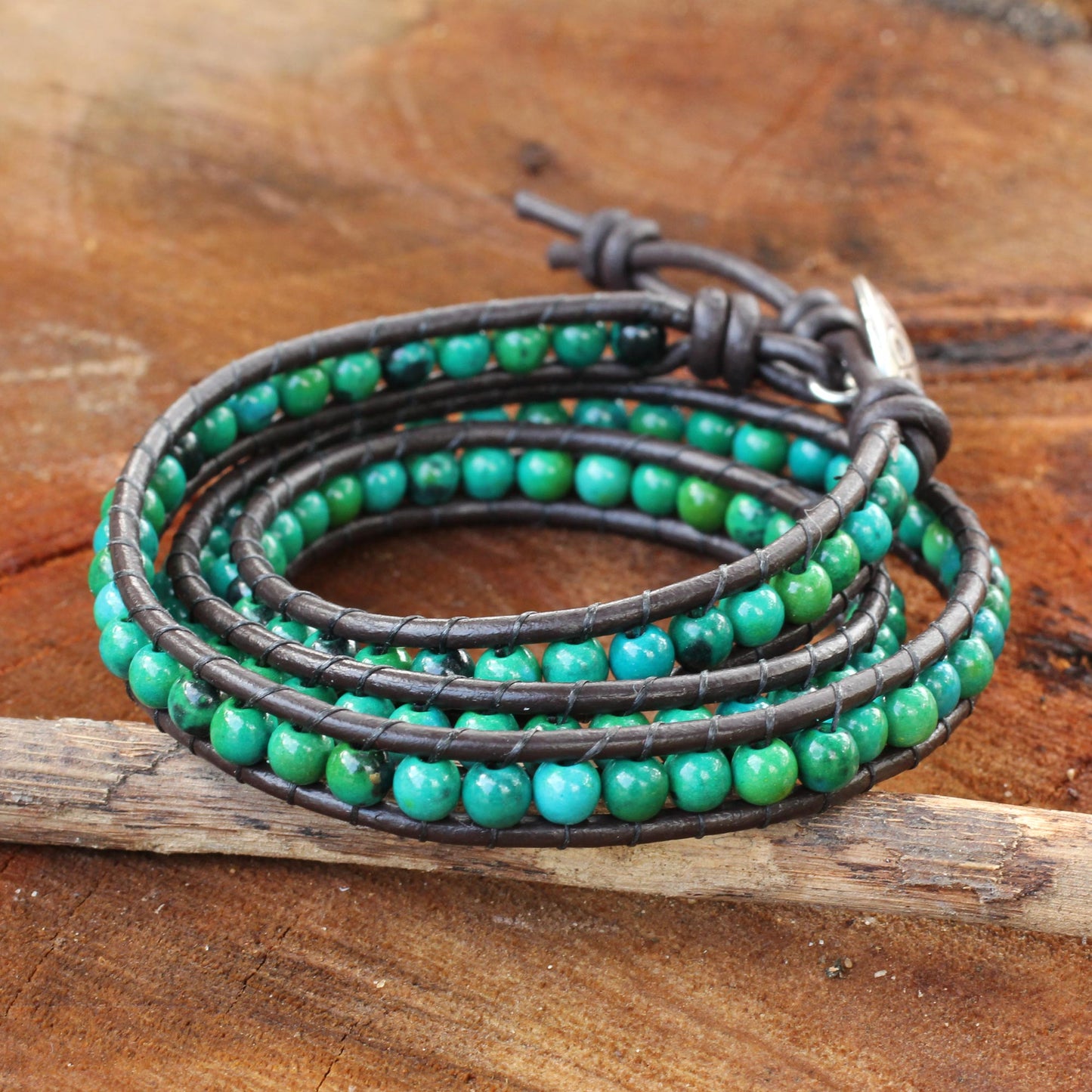 Sea Breeze Thai Hand Knotted Serpentine and Leather Wrap Bracelet