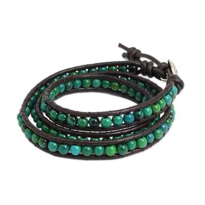 Sea Breeze Thai Hand Knotted Serpentine and Leather Wrap Bracelet