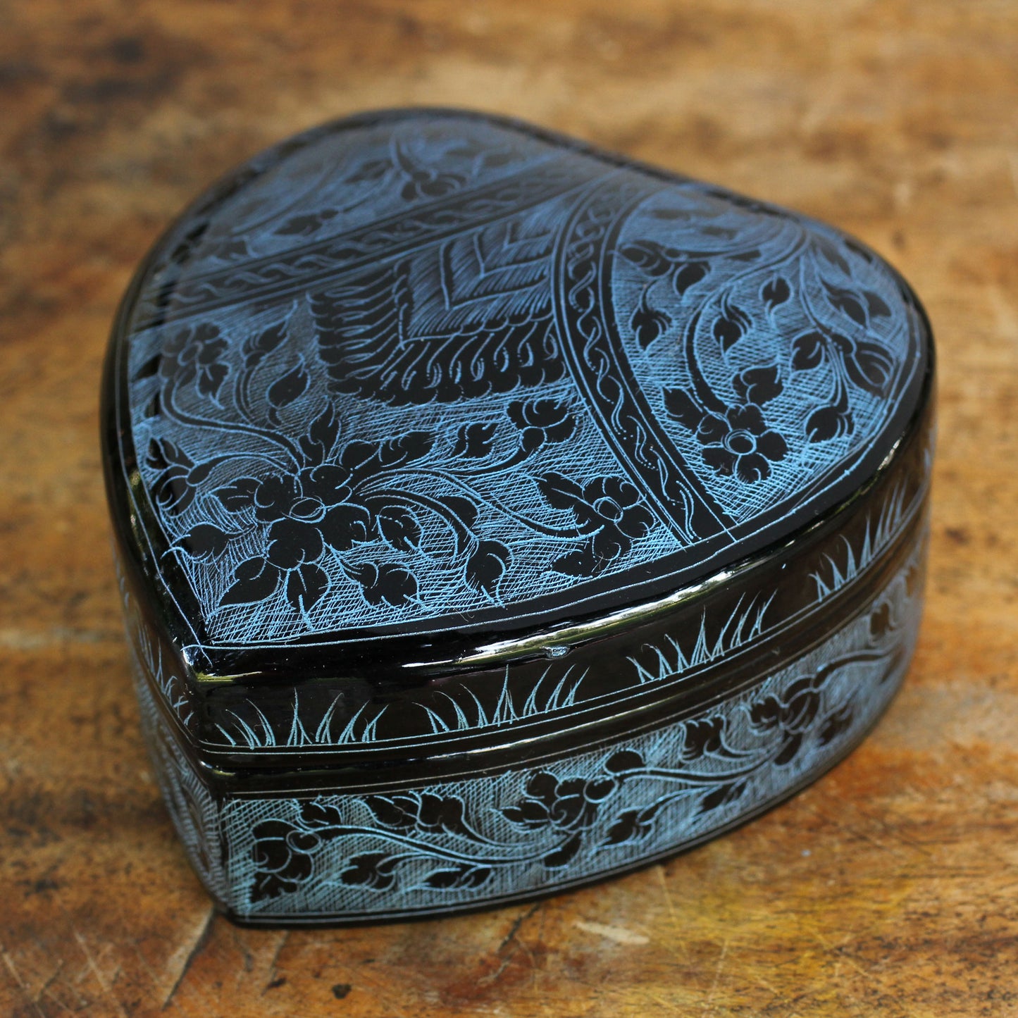 Blue Floral Heart Thai Blue and Black Lacquered Wood Heart Box