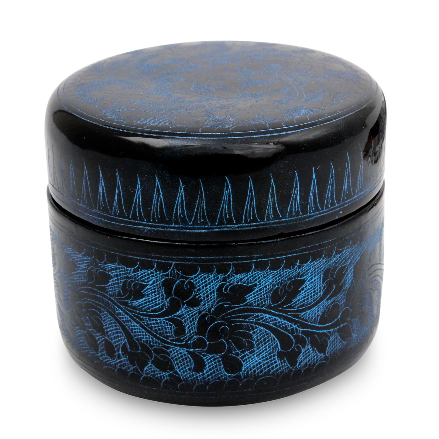 Exotic Blue Flora Round Decorative Box Handcrafted Lacquered Wood