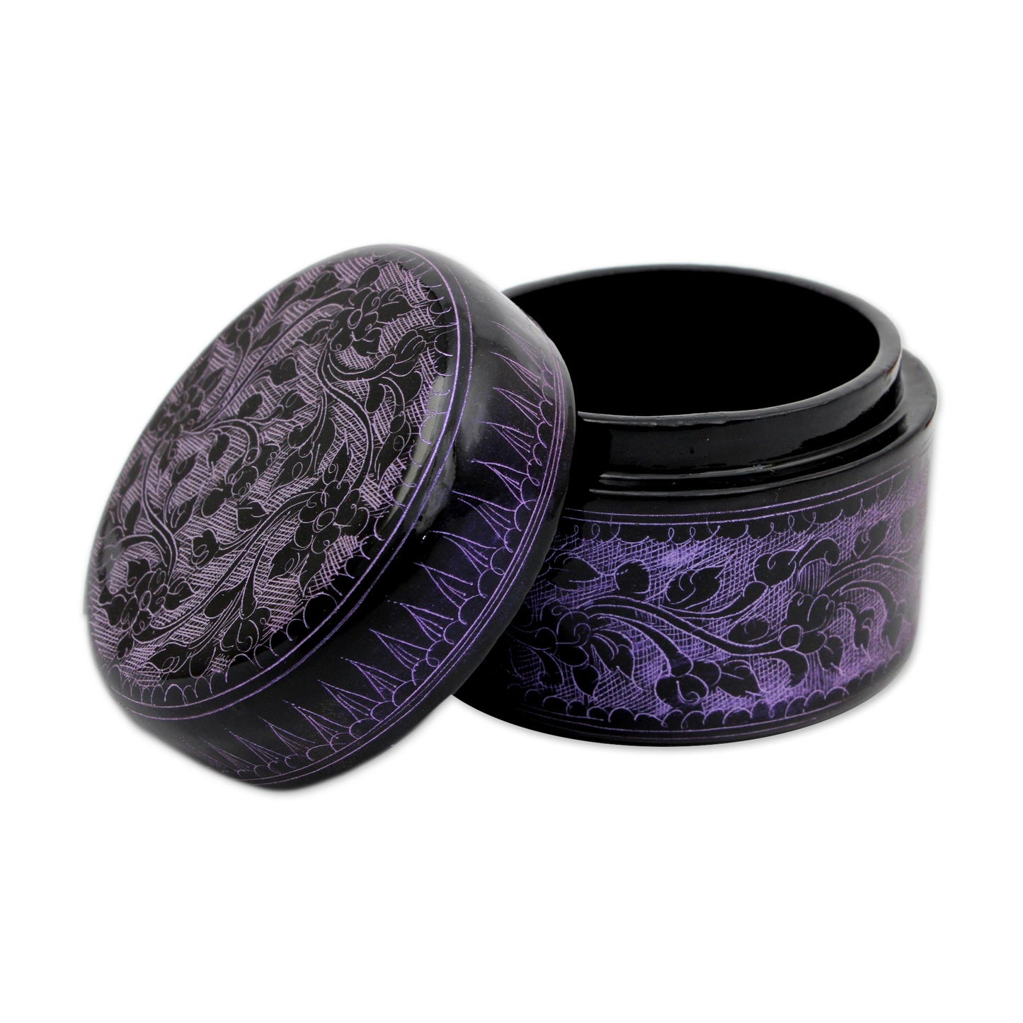 Exotic Purple Flora Handcrafted Lacquered Wood Round Decorative Box