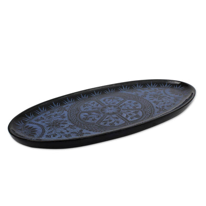 Floral Medallion Blue on Black Lacquered Catchall Tray