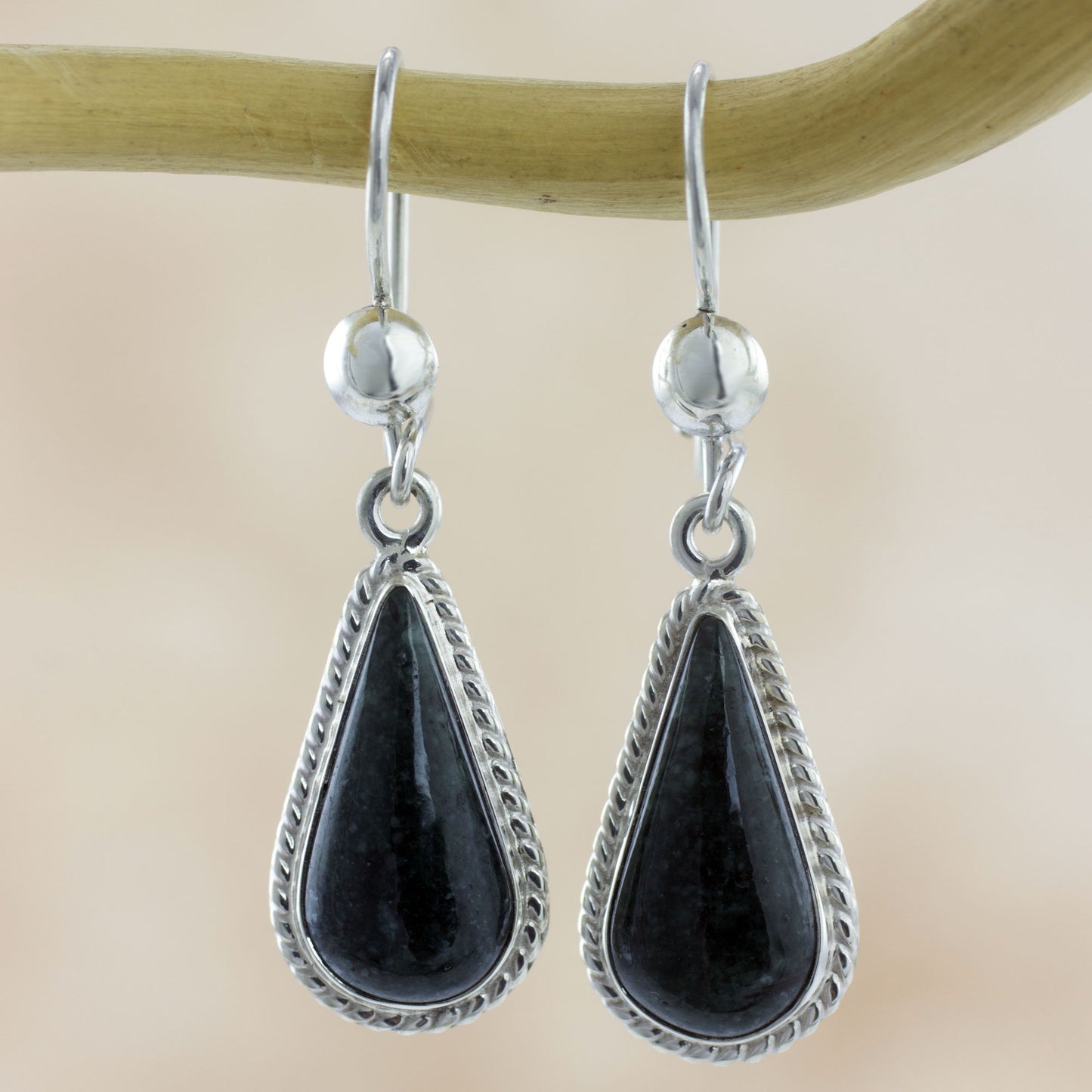 Dark Tear Artisan Crafted Sterling Silver Dark Jade Dangle Earrings