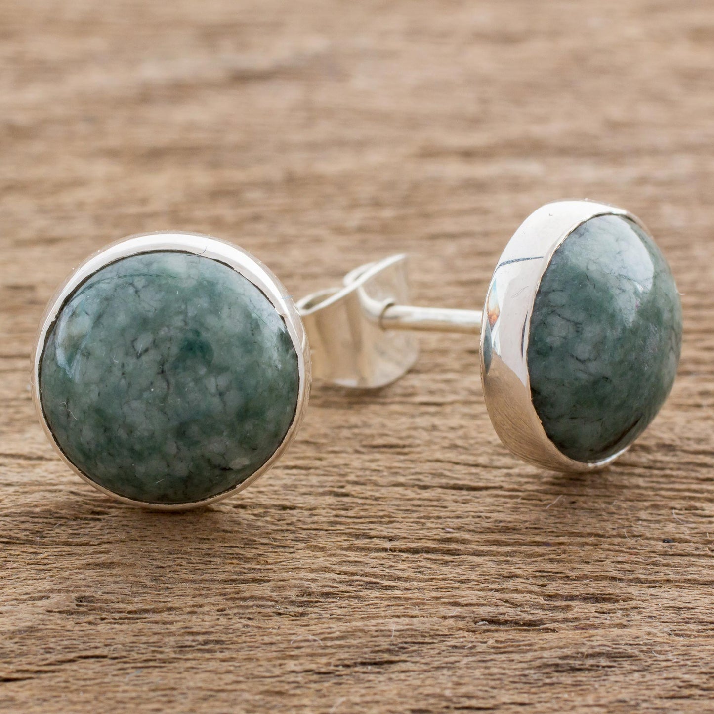 Harmonious Peace Jade & Silver Round Stud Earrings