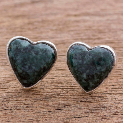 Love Sacred Dark Green Jade Heart Earrings Artisan Crafted Jewelry