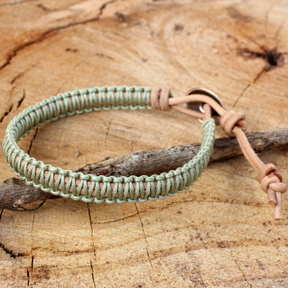 Hemlock Suns Silver Button and Pale Green Macrame on Leather Bracelet