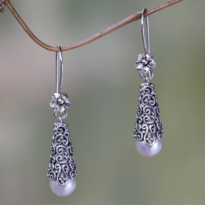 White Arabesque Dewdrop Pearl Dangle Earrings