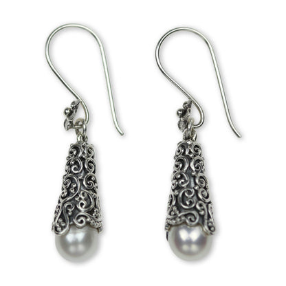 White Arabesque Dewdrop Pearl Dangle Earrings