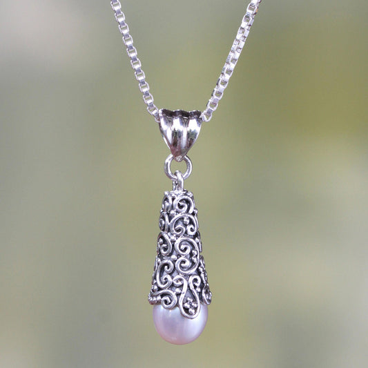 White Arabesque Dewdrop Pearl & Silver Necklace