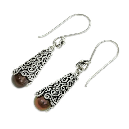 Brown Arabesque Dewdrop Cultured Earrings