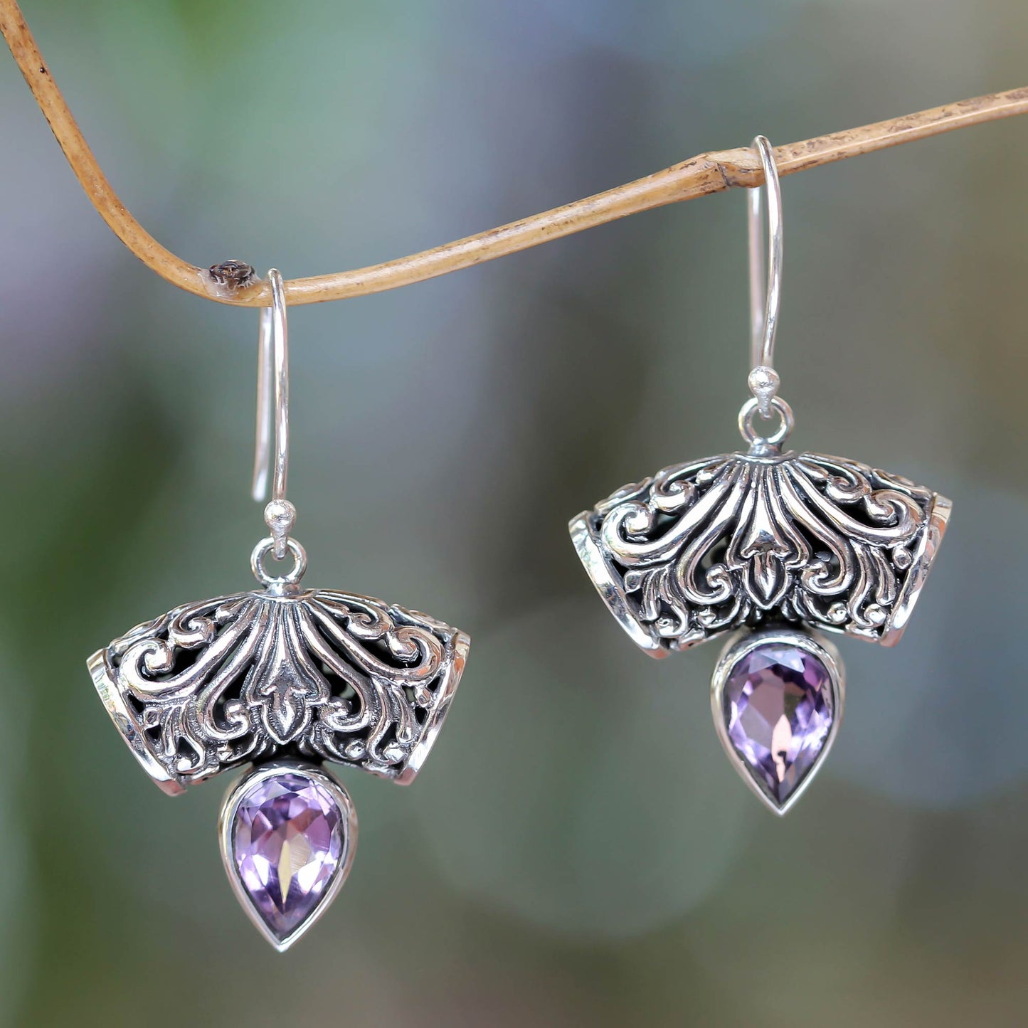 Dewdrop Fern Balinese Artisan Crafted Amethyst Earrings