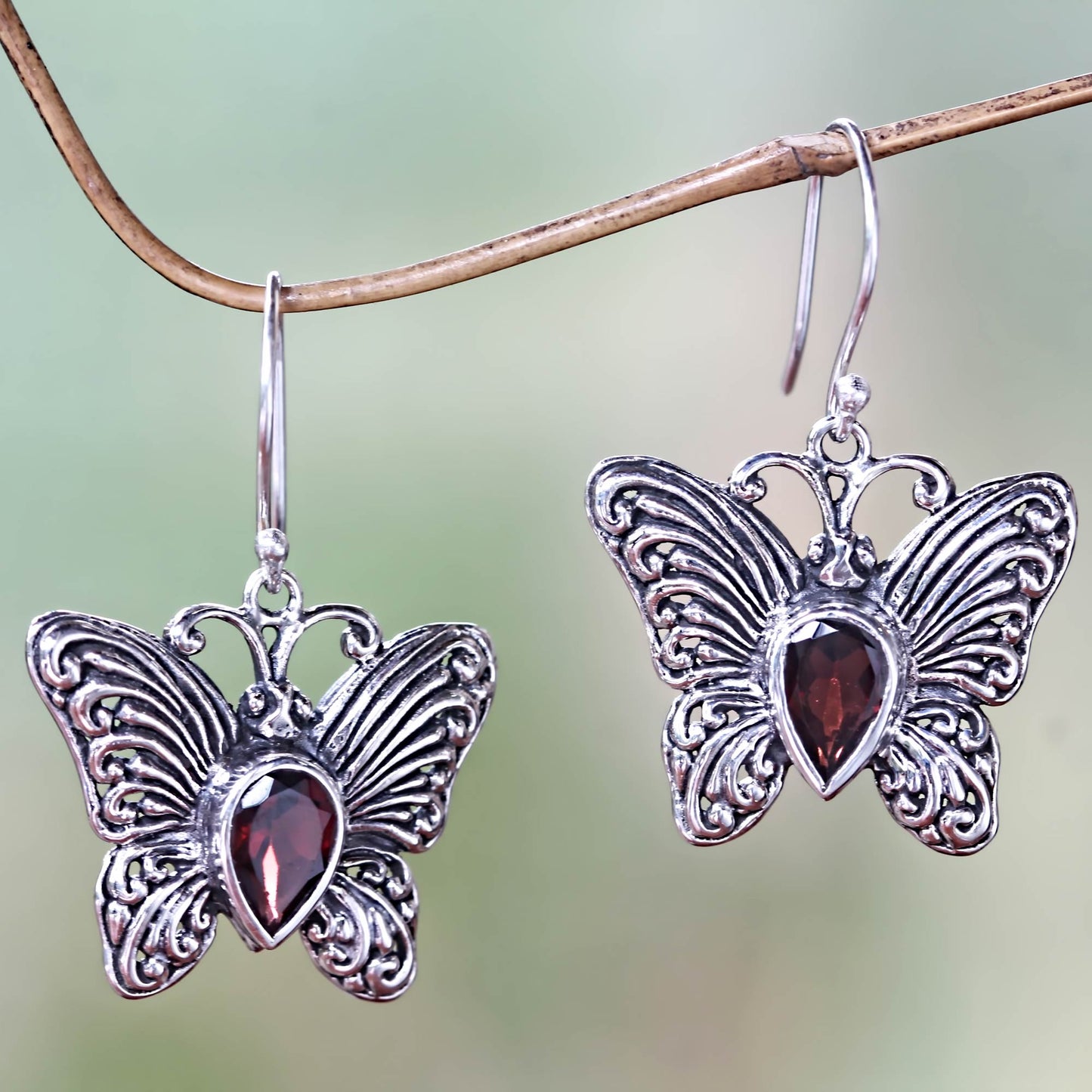 Enchanted Butterfly Handcrafted Sterling Silver and Garnet Butterfly Earrings