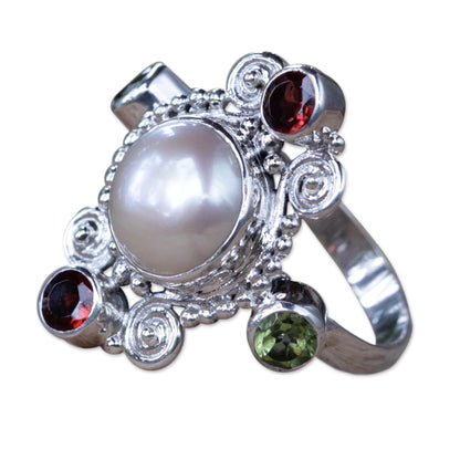 Moon and Stars Artisan Crafted Cultured Pearl and Garnet Ring with Peridot