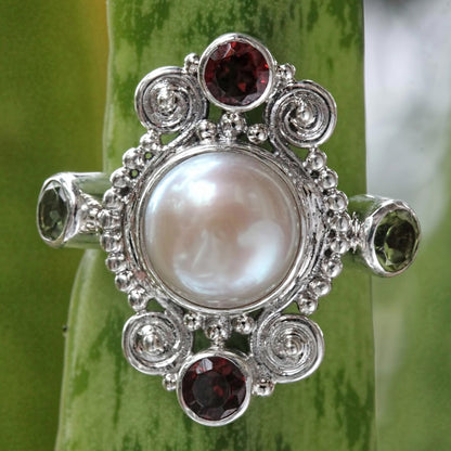 Moon and Stars Artisan Crafted Cultured Pearl and Garnet Ring with Peridot