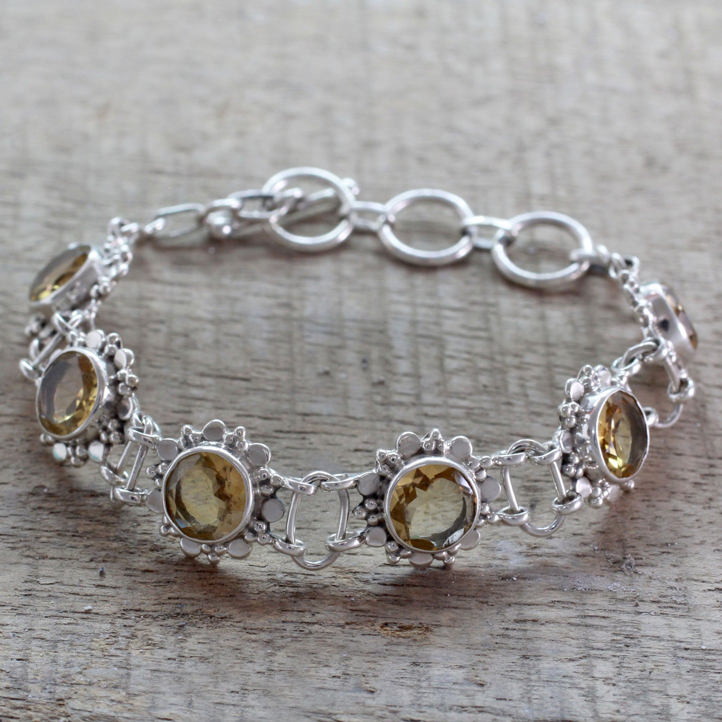 Hindu Sunflowers Citrine & Silver Link Bracelet