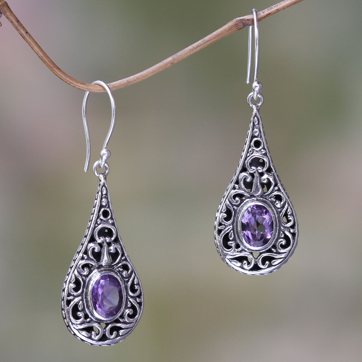 Balinese Dew Artisan Crafted Earrings with Sterling Silver and Amethyst