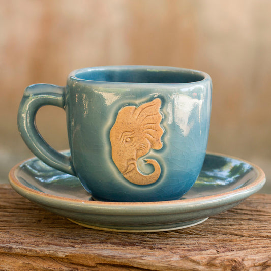 Blue Thai Elephant Thai Blue Celadon Elephant Cup and Saucer Set