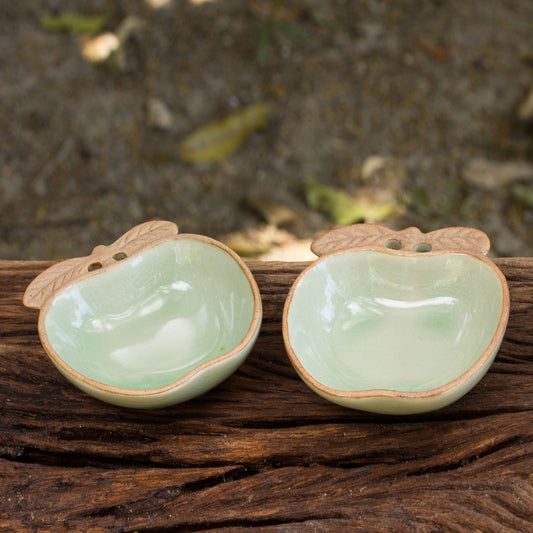 Autumn Apple Green and Brown Celadon Condiment Dishes (pair)