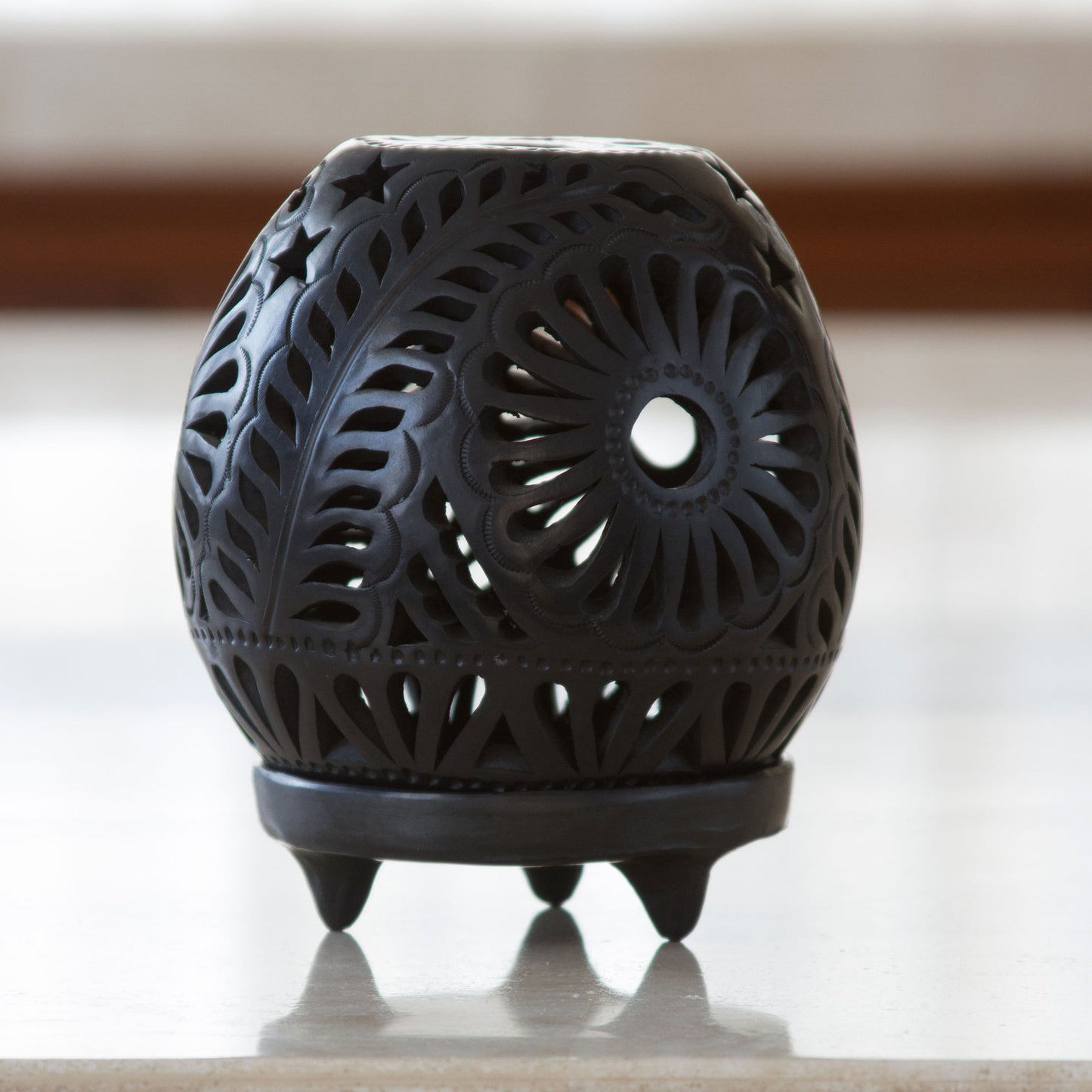 Black Blossoms Handmade Mexican Black Pottery Candleholder