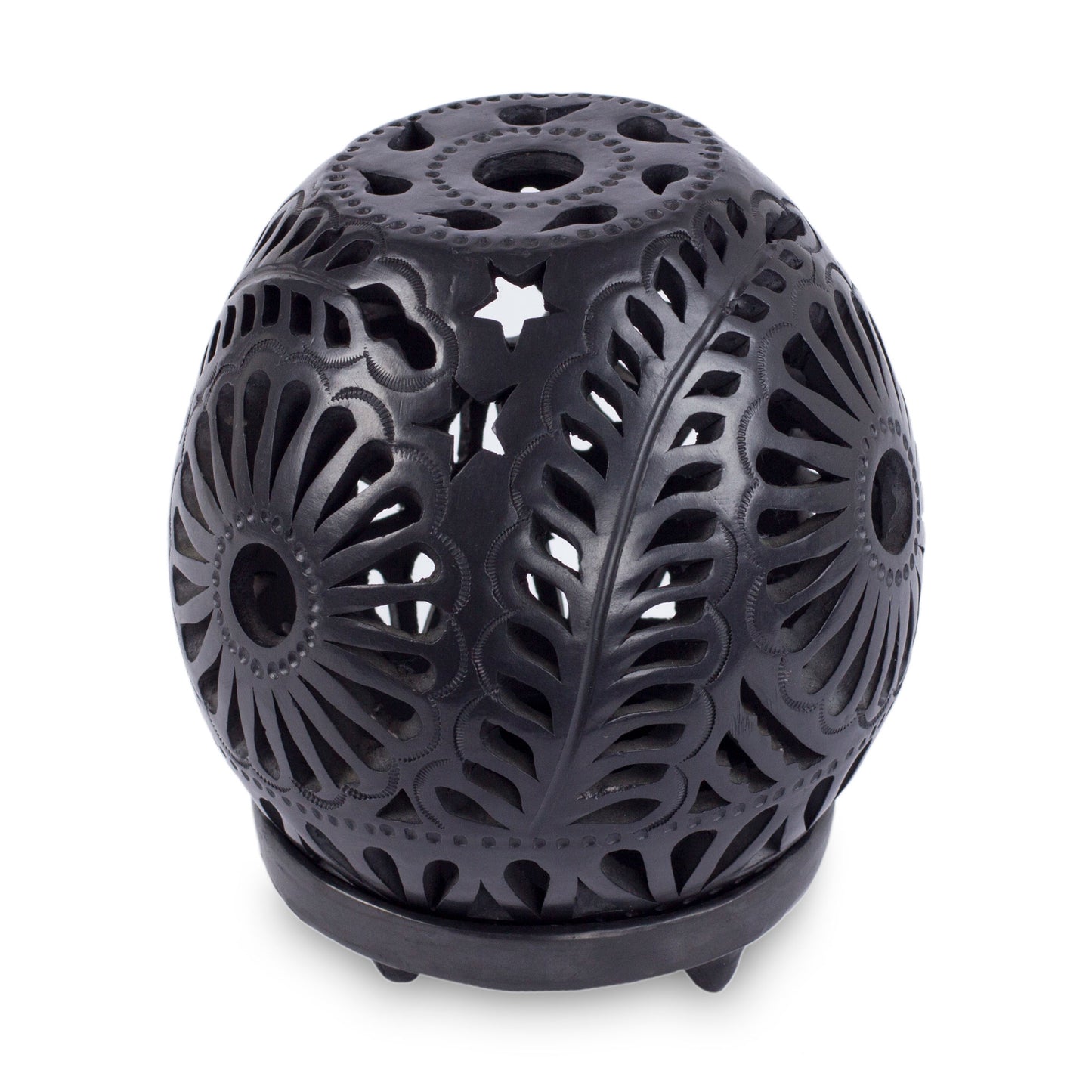 Black Blossoms Handmade Mexican Black Pottery Candleholder