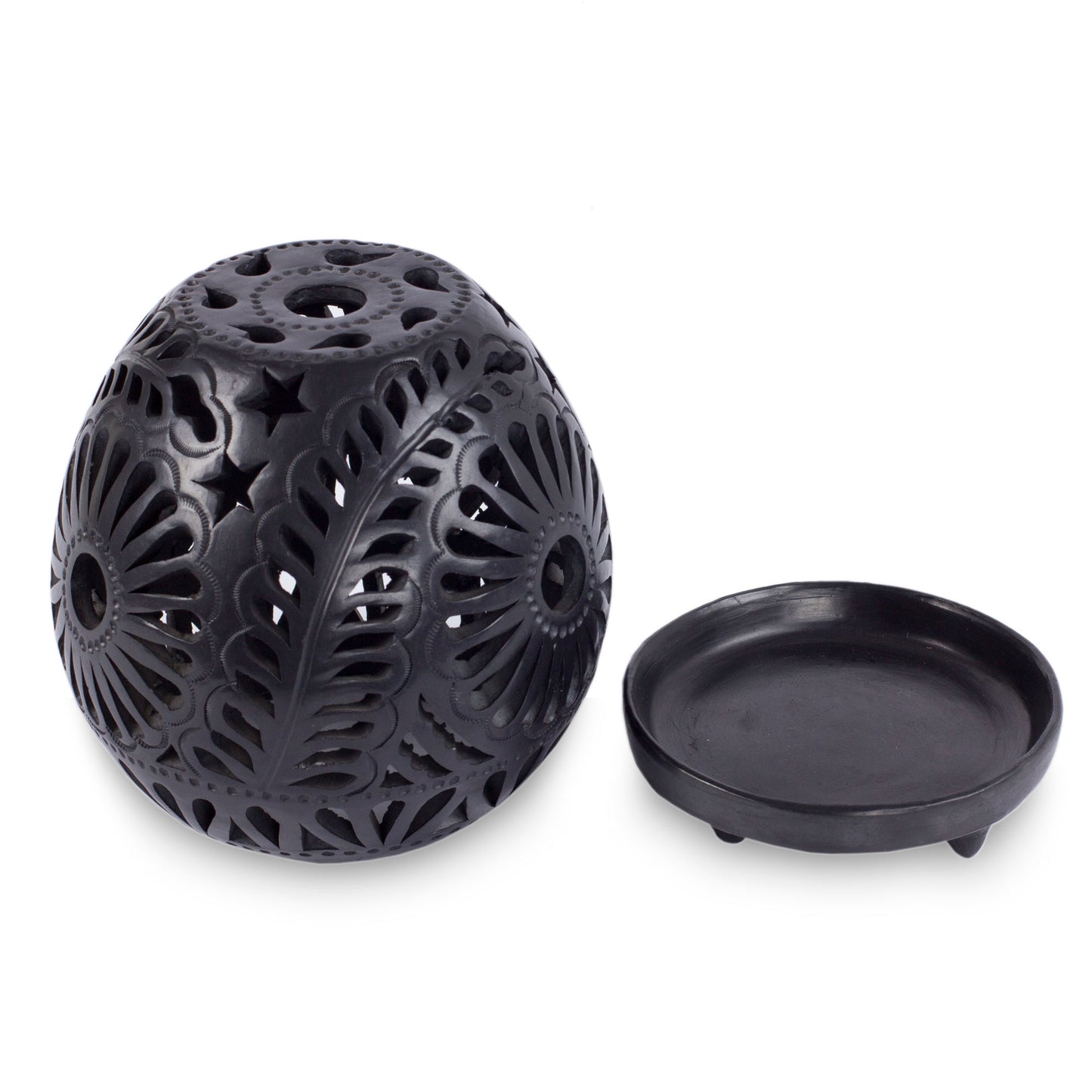 Black Blossoms Handmade Mexican Black Pottery Candleholder