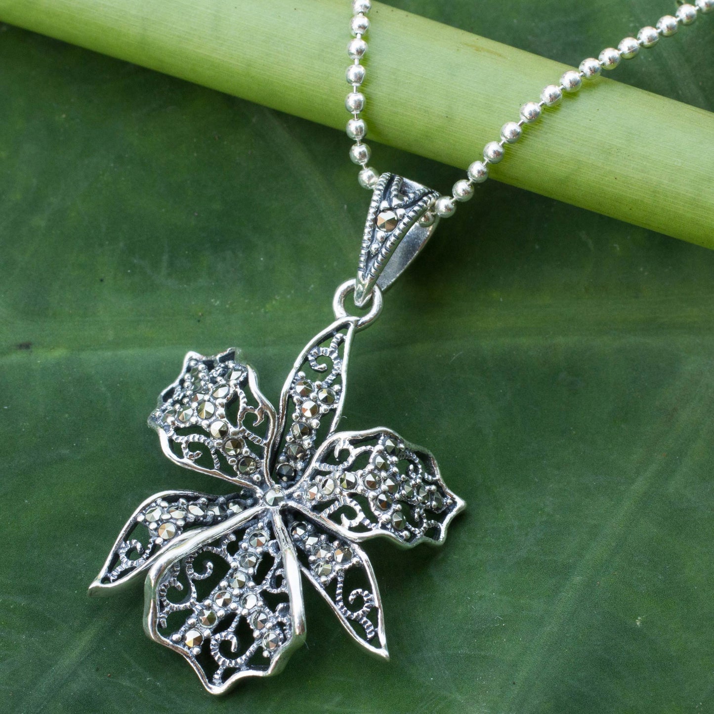 Jungle Orchid Marcasite Pendant Necklace