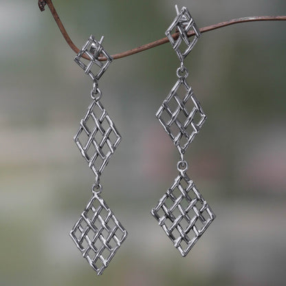 Diamond Weave Handwoven Silver Strand Dangle Earrings