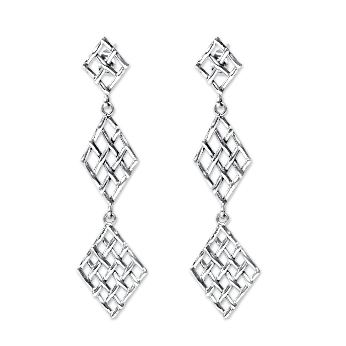 Diamond Weave Handwoven Silver Strand Dangle Earrings