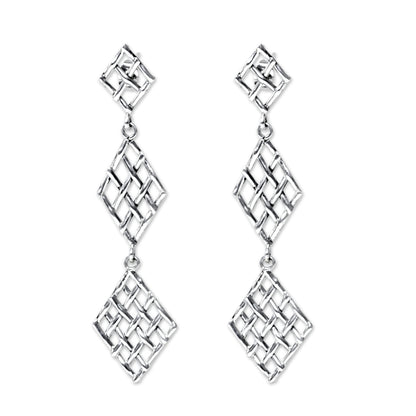 Diamond Weave Handwoven Silver Strand Dangle Earrings