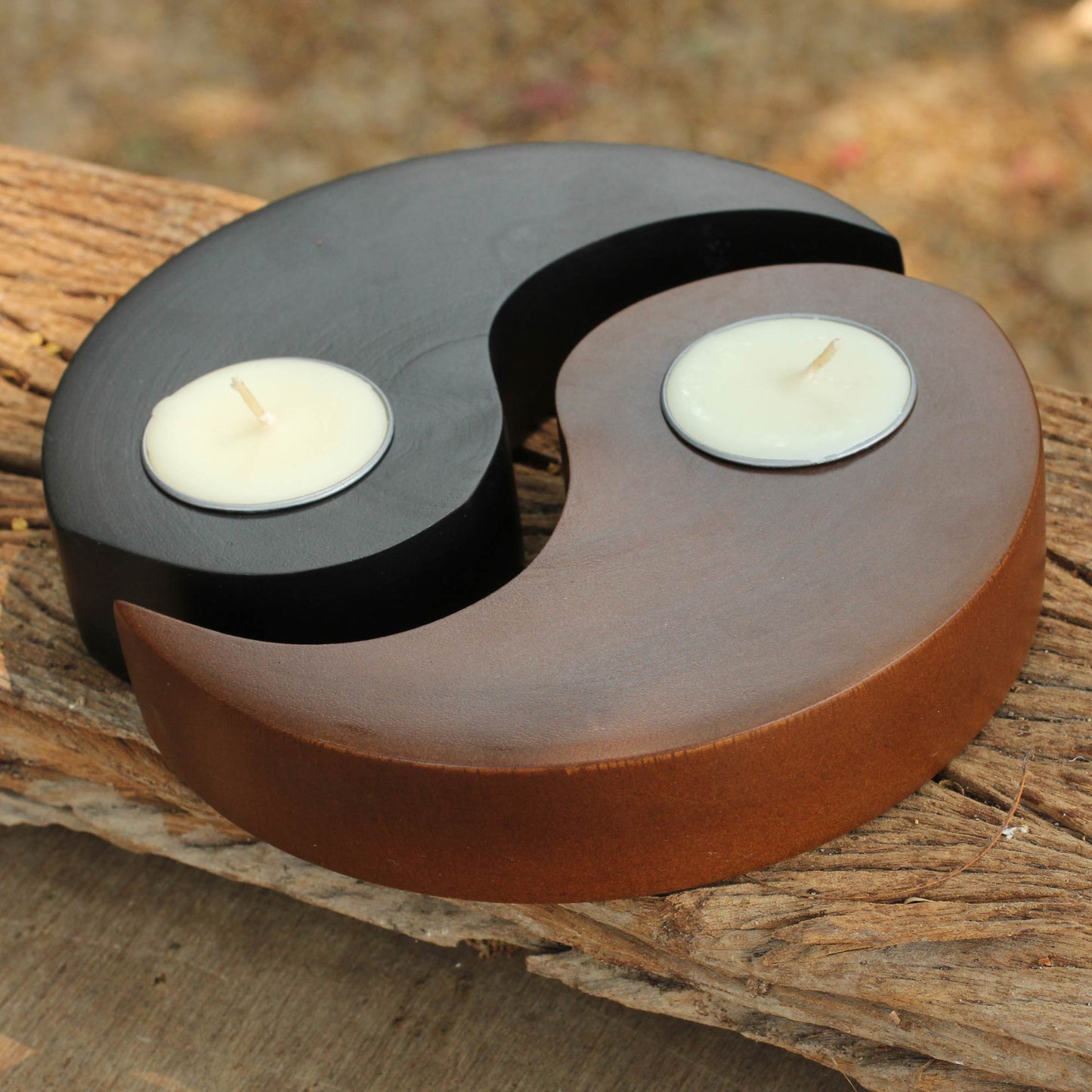 Light of Yin Yang Hand-carved Wood Tealight Candleholders (pair)