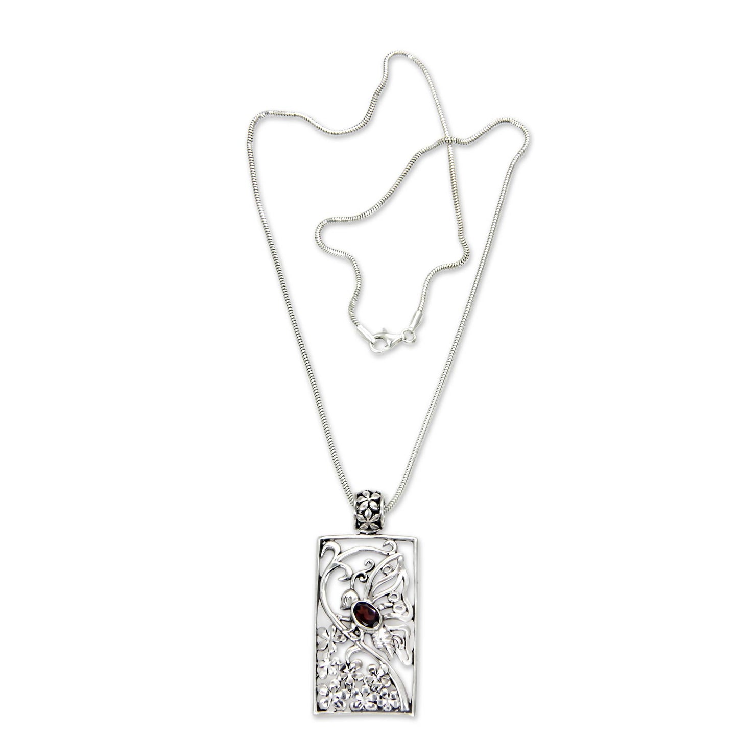 Butterfly in Jasmine Silver and Garnet Butterfly Necklace