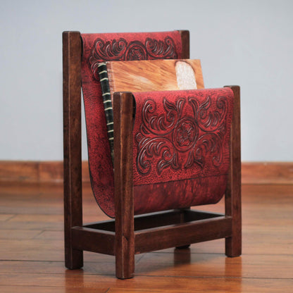 Historic Elegance in Red Handcrafted Leather and Cedar Wood Magazine Rack