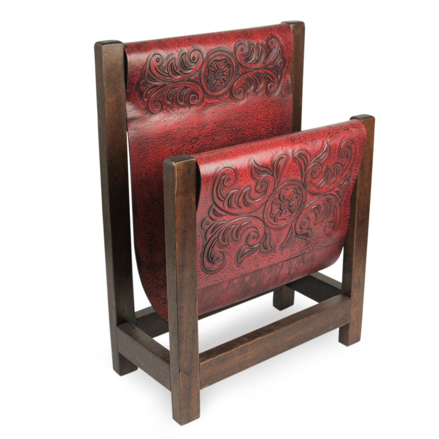 Historic Elegance in Red Handcrafted Leather and Cedar Wood Magazine Rack