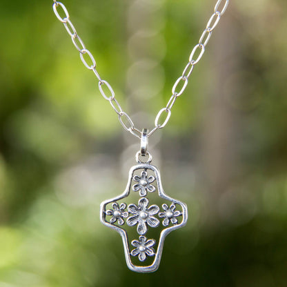 Blossoming Faith Tree of Life Style Silver Cross Necklace