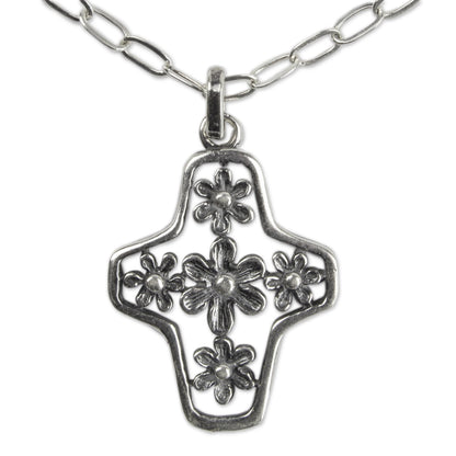 Blossoming Faith Tree of Life Style Silver Cross Necklace