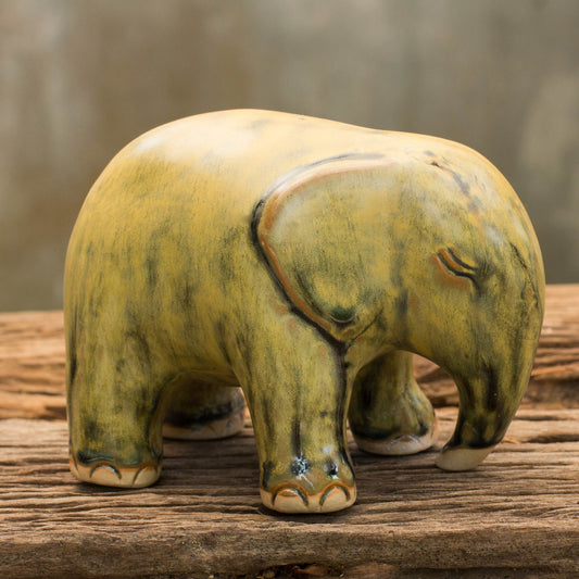 Yellow Elephant Mottled Yellow Celadon Ceramic Figurine