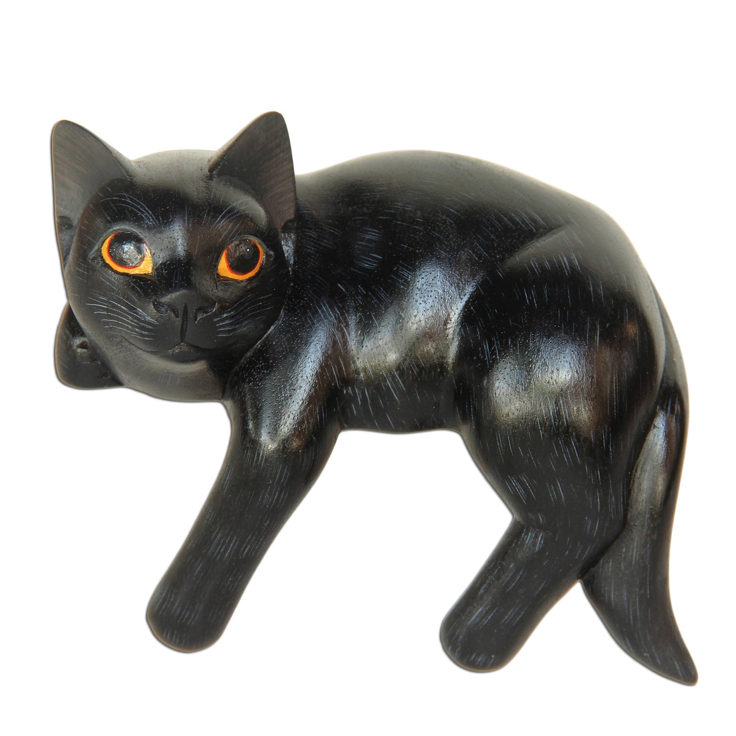 Black Cat Relaxes Signed Balinese Black Cat Sculpture