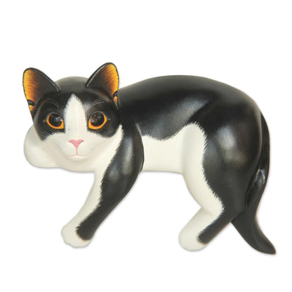 Tuxedo Cat Relaxes Signed Balinese Tuxedo Cat Sculpture